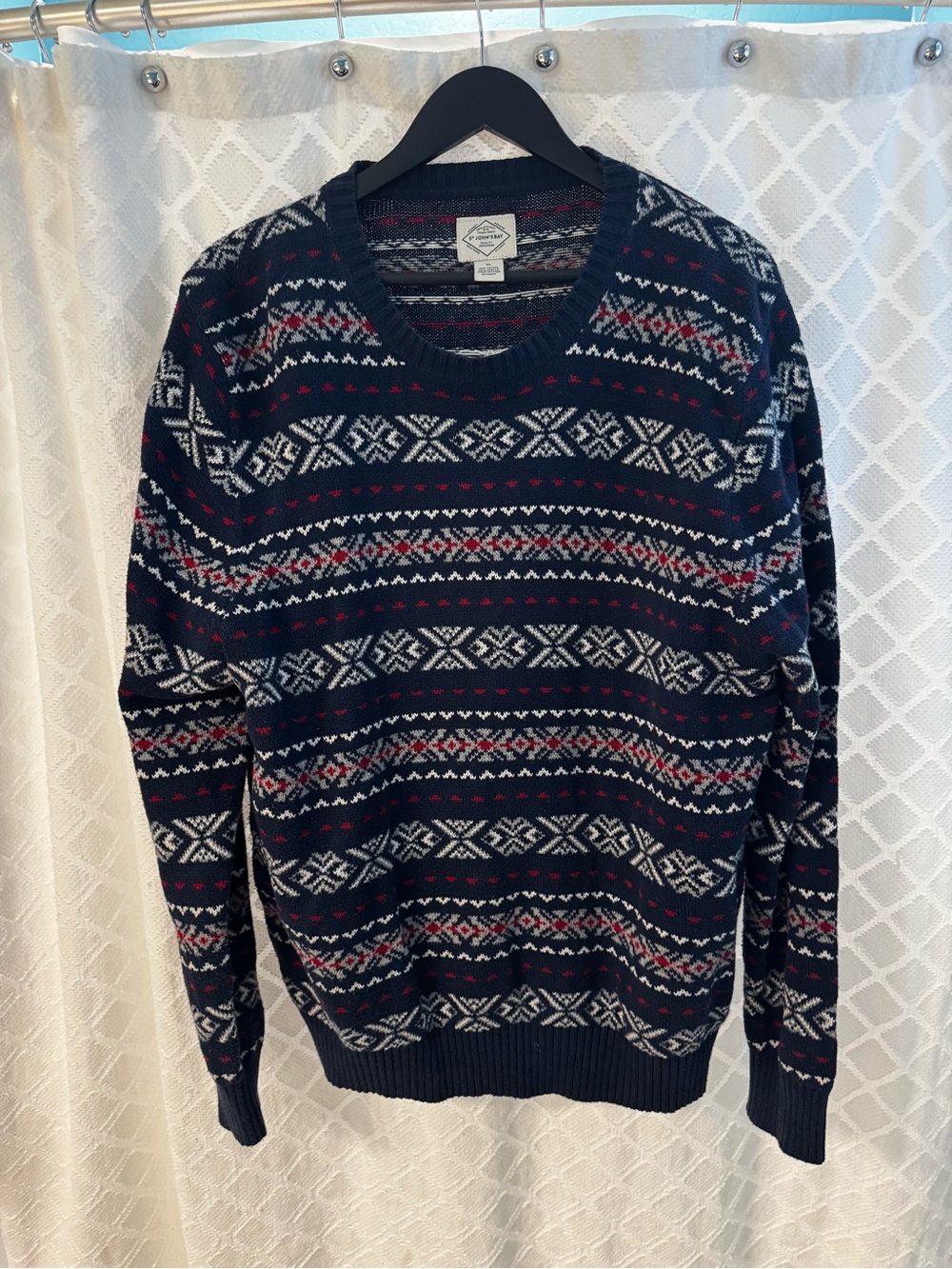 St. John's Bay Navy Fair Isle Crewneck Sweater with White and Red Accents